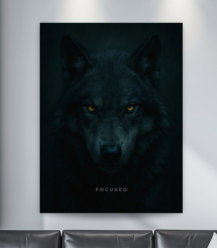 Motivational canvas wall art with a minimalist wolf portrait and piercing eyes in a modern living room.