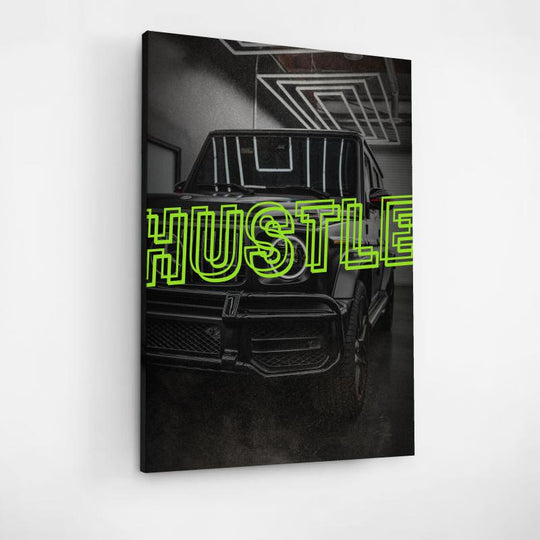 Front view of motivational canvas wall art with a Mercedes G-Class in an industrial garage and green HUSTLE text.