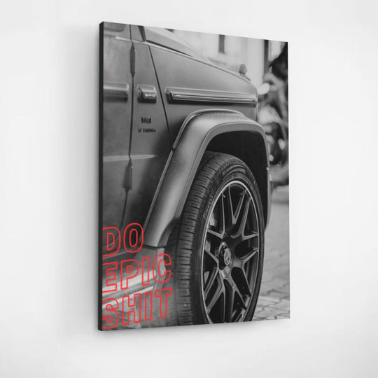 Motivational canvas wall art with a front view of a black Mercedes G-Class and red Do Epic Shit text.