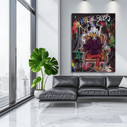 Motivational wall art with Scrooge McDuck, “Work for Success” graffiti text and colorful street art pop art design.