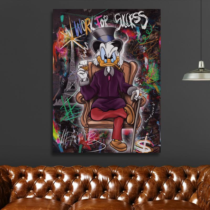 Motivational wall art of Scrooge McDuck sitting with a cigar, WORK FOR SUCCESS quote and graffiti background.