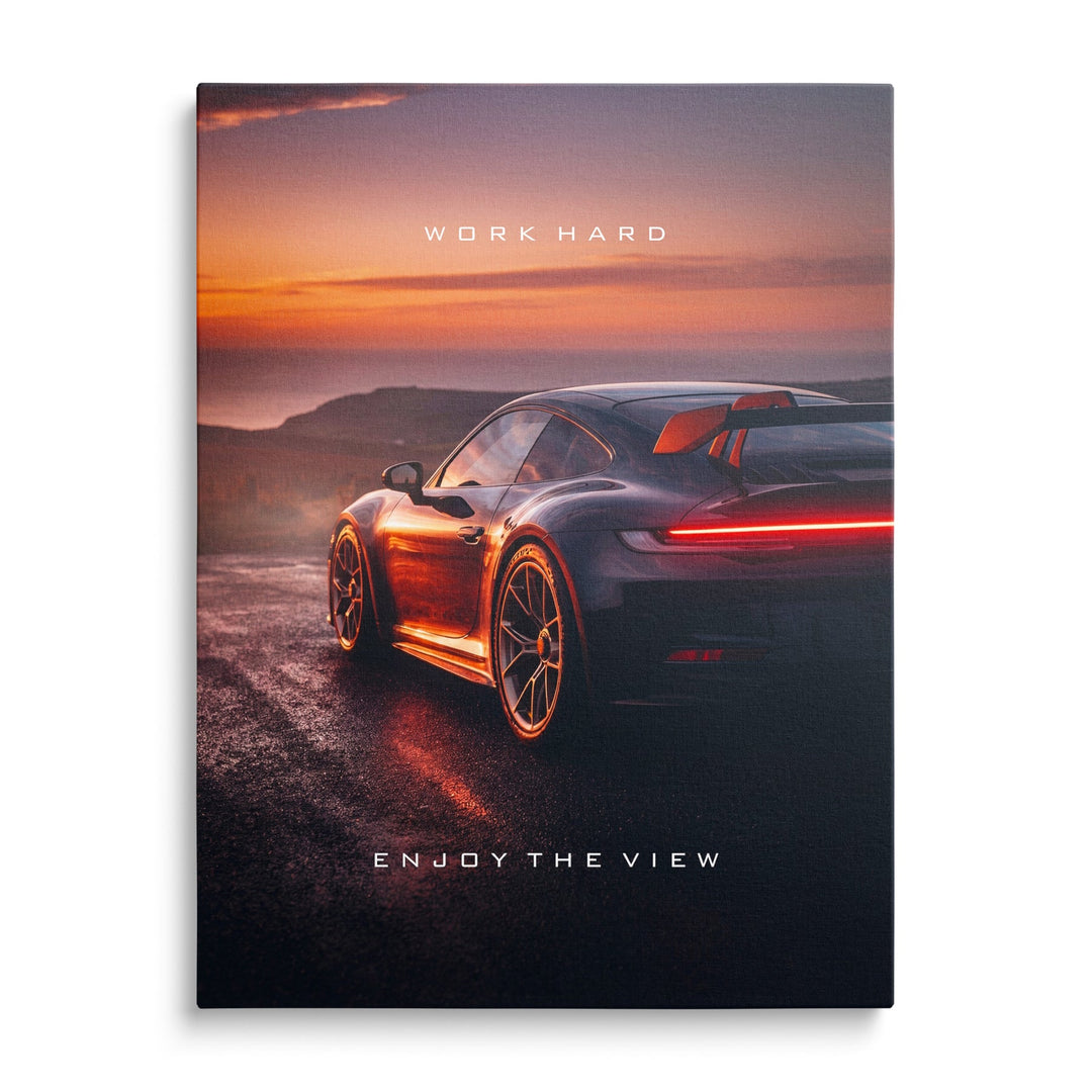 Motivational wall art with sports car at sunset, symbol luxury, speed and performance