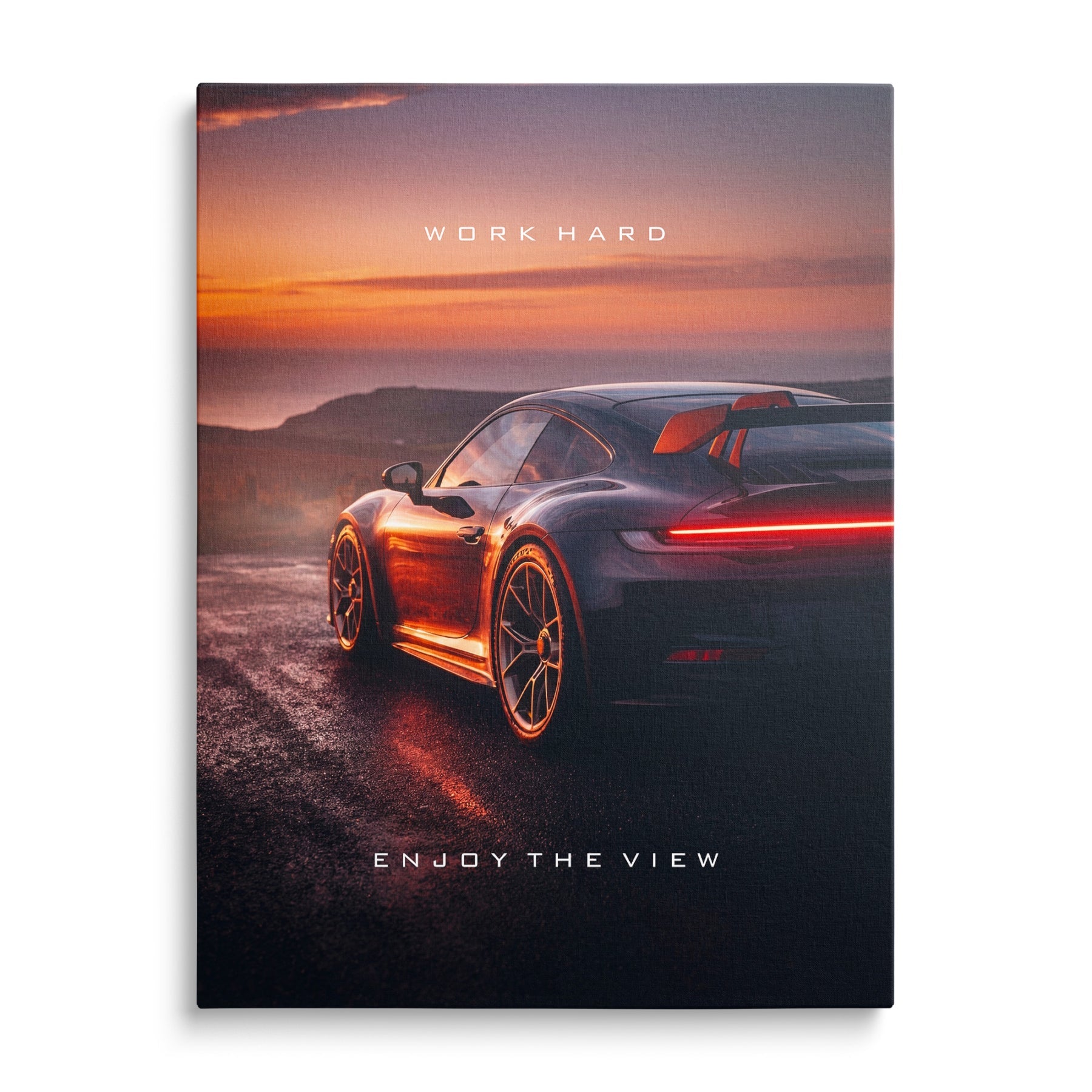 Motivational wall art with sports car at sunset, symbol luxury, speed and performance