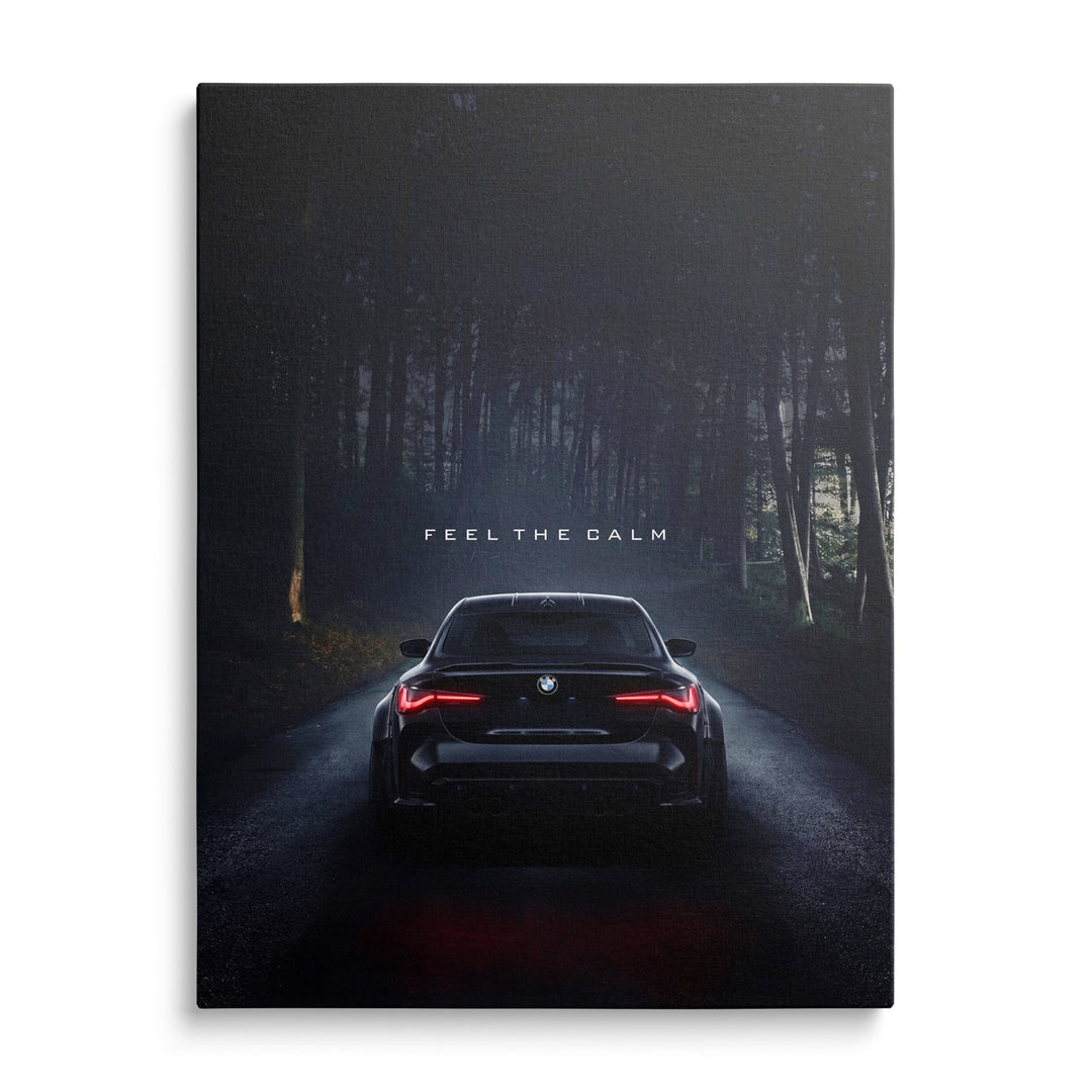 Luxury canvas print with a BMW from the front on a night forest road, red brake lights and a dynamic performance atmosphere