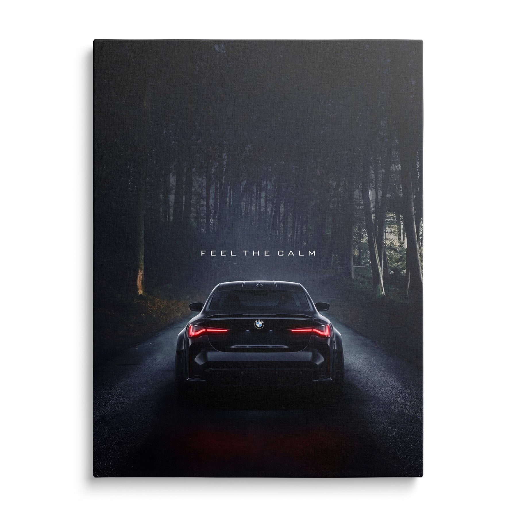 Luxury canvas print with a BMW from the front on a night forest road, red brake lights and a dynamic performance atmosphere