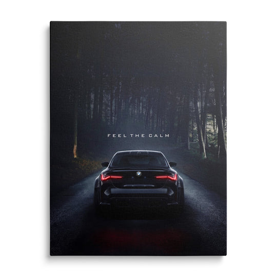 Luxury canvas print with a BMW from the front on a night forest road, red brake lights and a dynamic performance atmosphere