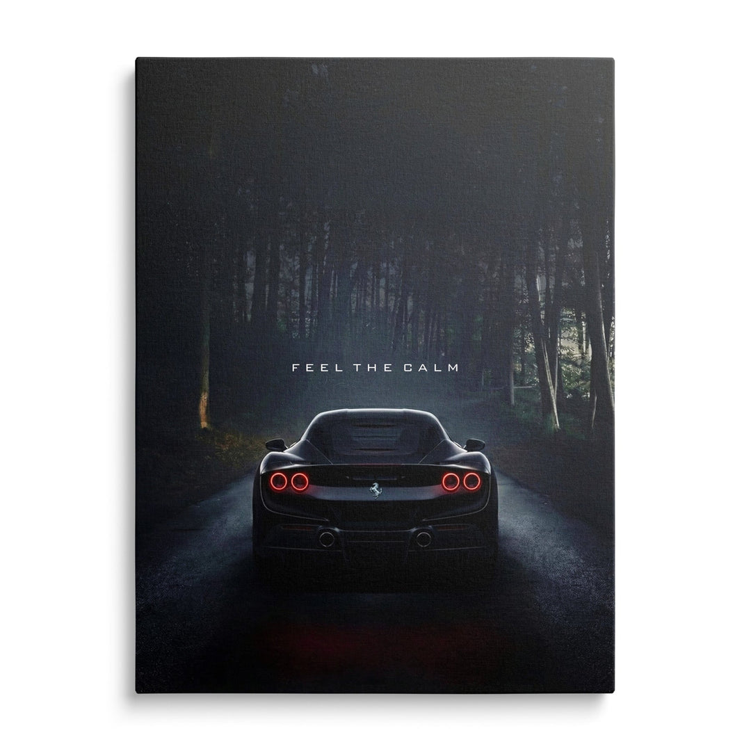 Luxury canvas wall art Ferrari on night forest road, red tail lights and quote Feel the Calm, front view