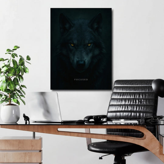 Motivational wall art with a dark wolf portrait and yellow eyes in a modern office.
