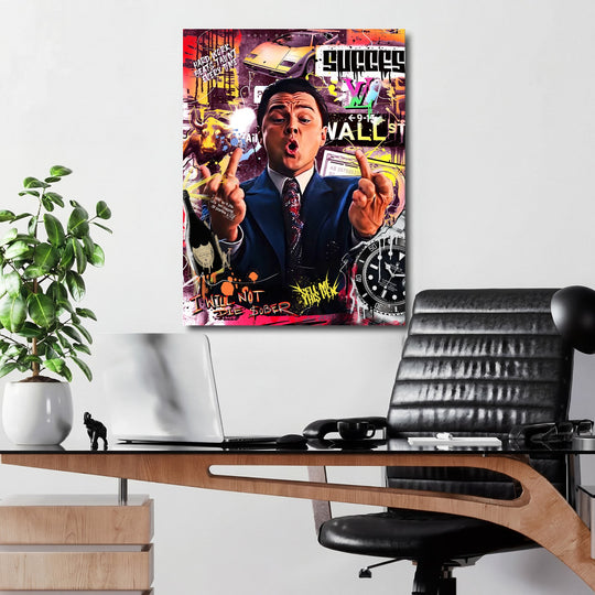 Motivational wall art in an office with a collage of money, a sports car, a bull and a luxury watch