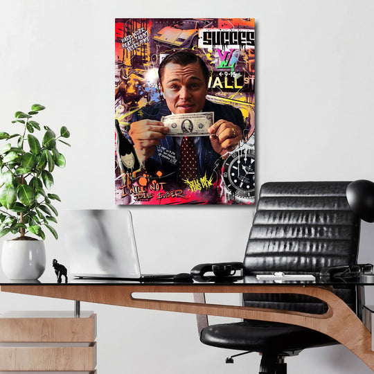 Motivational pop art canvas print with a man holding a dollar, Lamborghini, bull and luxury watch