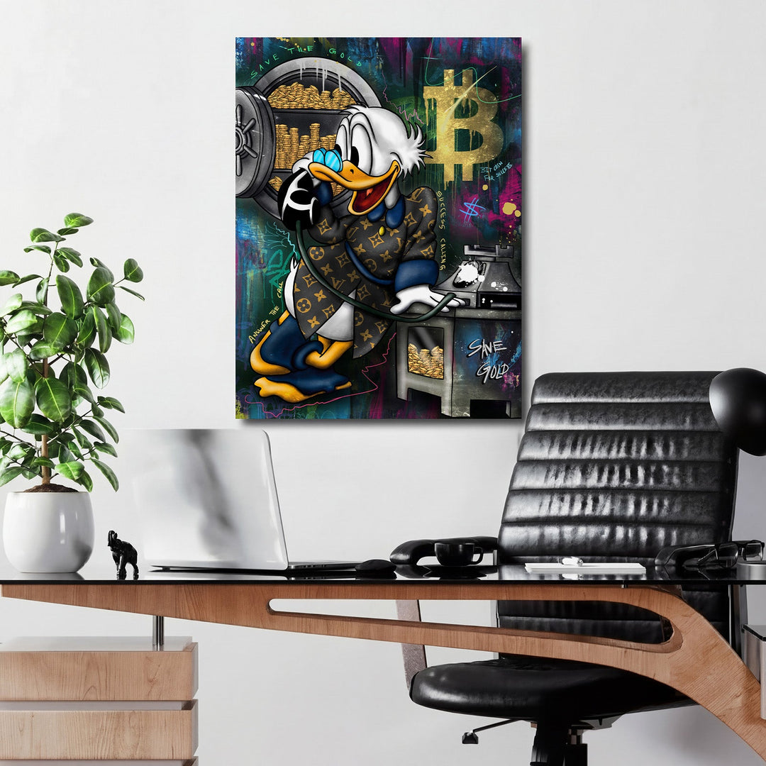 Pop art motivational wall art with Scrooge McDuck by a safe full of gold coins and Bitcoin graffiti in an office