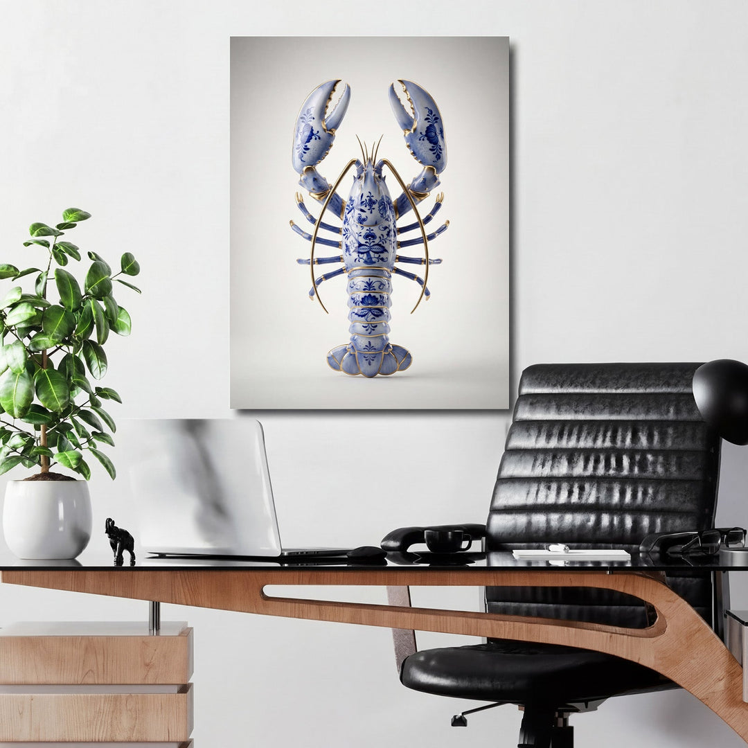Luxury wall art with a blue-and-white porcelain lobster with gold details above a modern office desk
