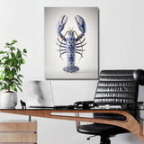 Luxury wall art with a blue-and-white porcelain lobster with gold details above a modern office desk