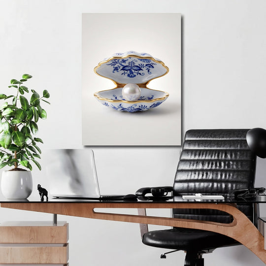 Luxury canvas print with a porcelain shell and pearl in an elegant office, modern wall decor