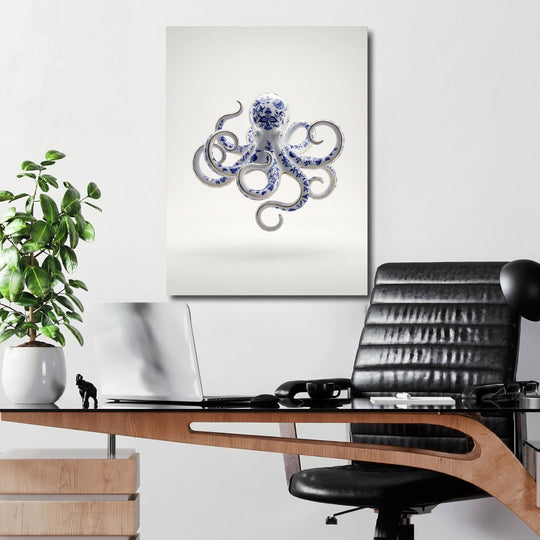 Luxury wall art with a blue-and-white porcelain octopus in a modern office