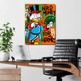 Motivational pop art canvas print with Scrooge McDuck and money for a modern office