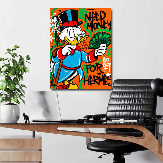Motivational pop art canvas print with Scrooge McDuck and money for a modern office