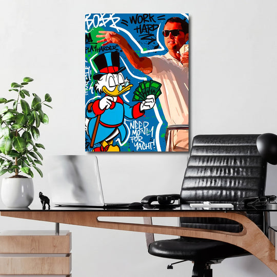 Motivational pop art canvas print for an office with Scrooge McDuck, a Wolf of Wall Street motif and money