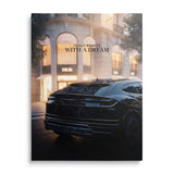 Luxury canvas print with a black Lamborghini Urus in front of a Dior boutique in a night city, front view