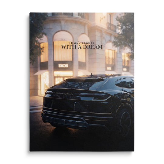 Luxury canvas print with a black Lamborghini Urus in front of a Dior boutique in a night city, front view