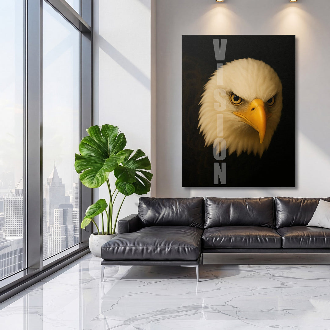 Motivational canvas wall art with an eagle and VISION text, luxury wall art in a modern living room.
