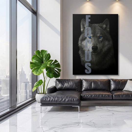 Motivational wall art with a wolf and FOCUS text in a luxury living room with a black leather sofa.
