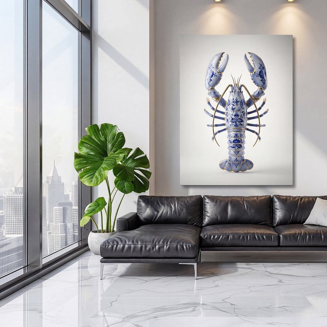 Luxury wall art with a blue-and-white porcelain lobster in a minimalist modern living room