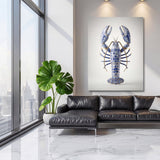 Luxury wall art with a blue-and-white porcelain lobster in a minimalist modern living room