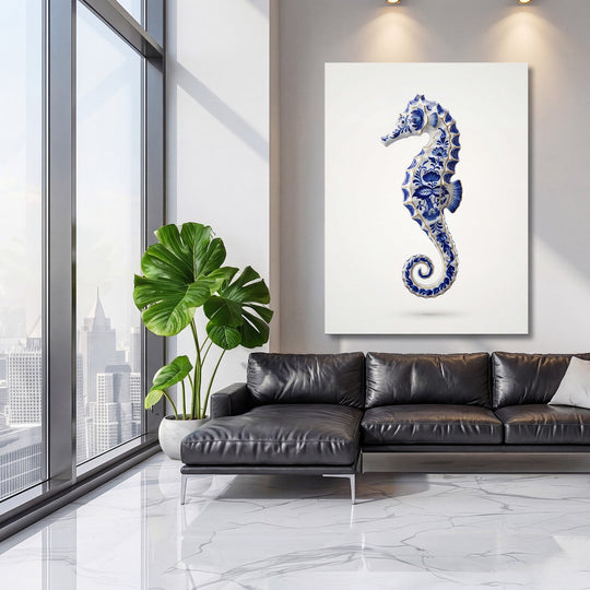 Motivational canvas print with a blue-and-white seahorse in a luxury living room, modern wall decor