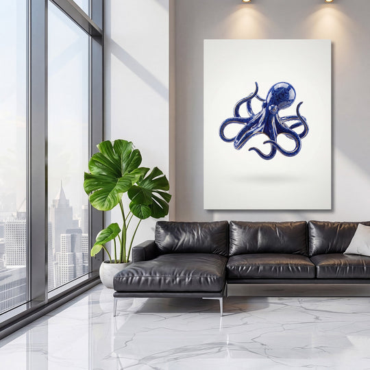 Modern canvas print with a blue octopus in a minimalist living room