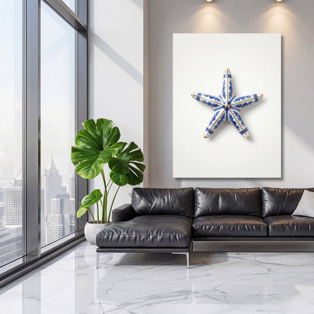 Luxury wall art with a blue-and-white ceramic starfish in a modern living room on a light wall