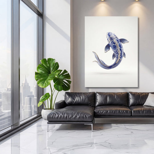 Luxury canvas print with a blue-and-white porcelain carp in a modern living room, lifestyle interior
