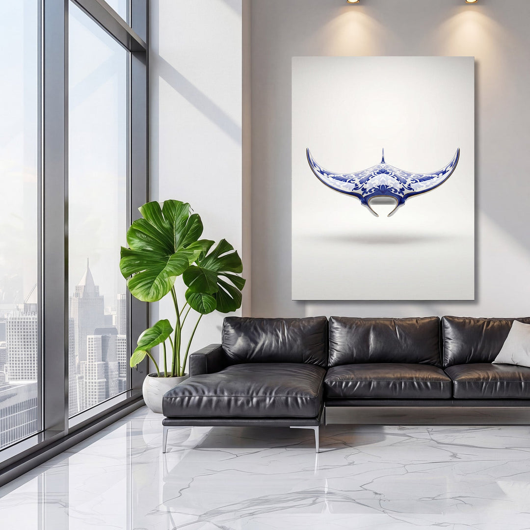 Modern wall art with a blue-and-white abstract manta ray in an elegant living room, minimalist lifestyle
