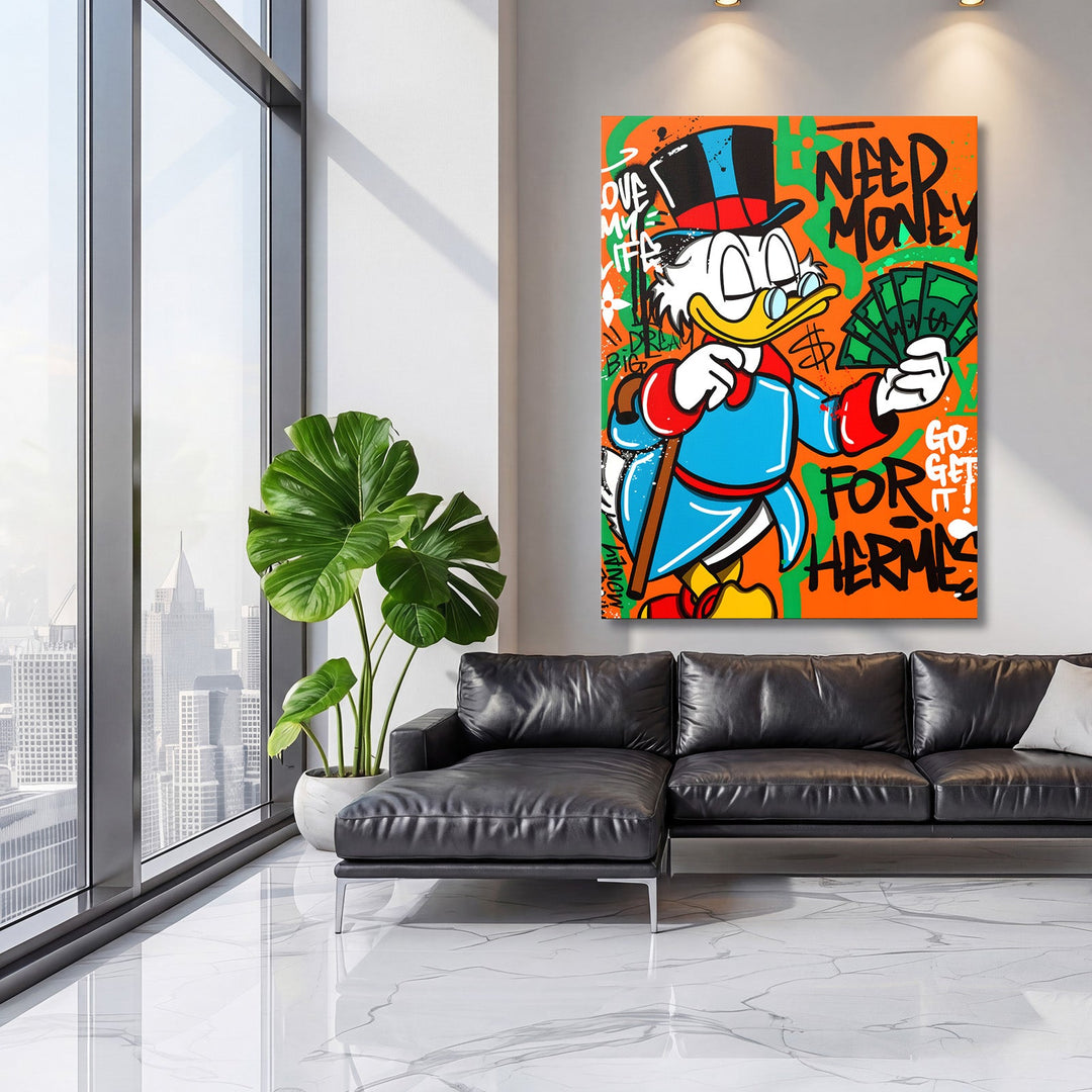 Pop art canvas print with Scrooge McDuck and a money motif as motivational decor in a modern living room