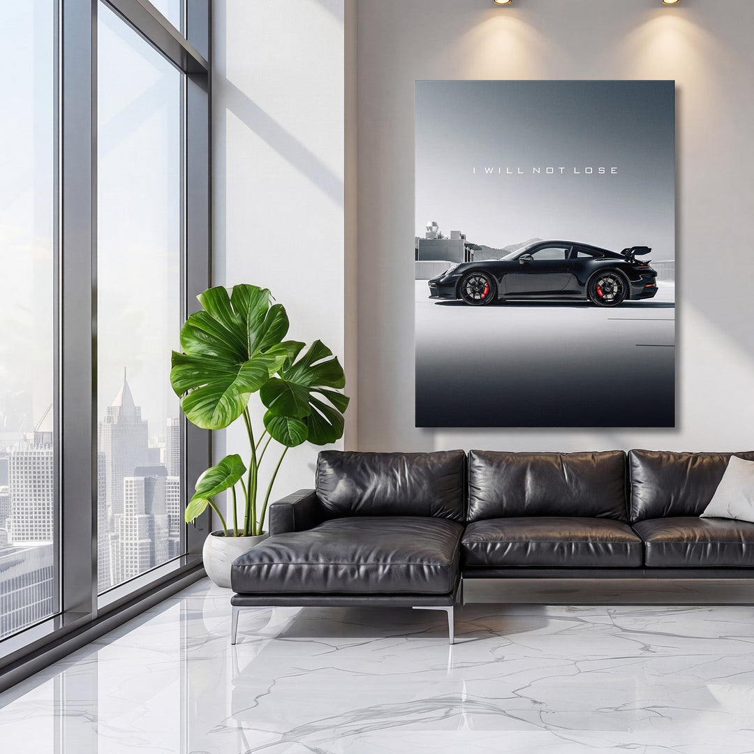 Motivational canvas wall art with black sports car and quote I WILL NOT LOSE in a modern living room