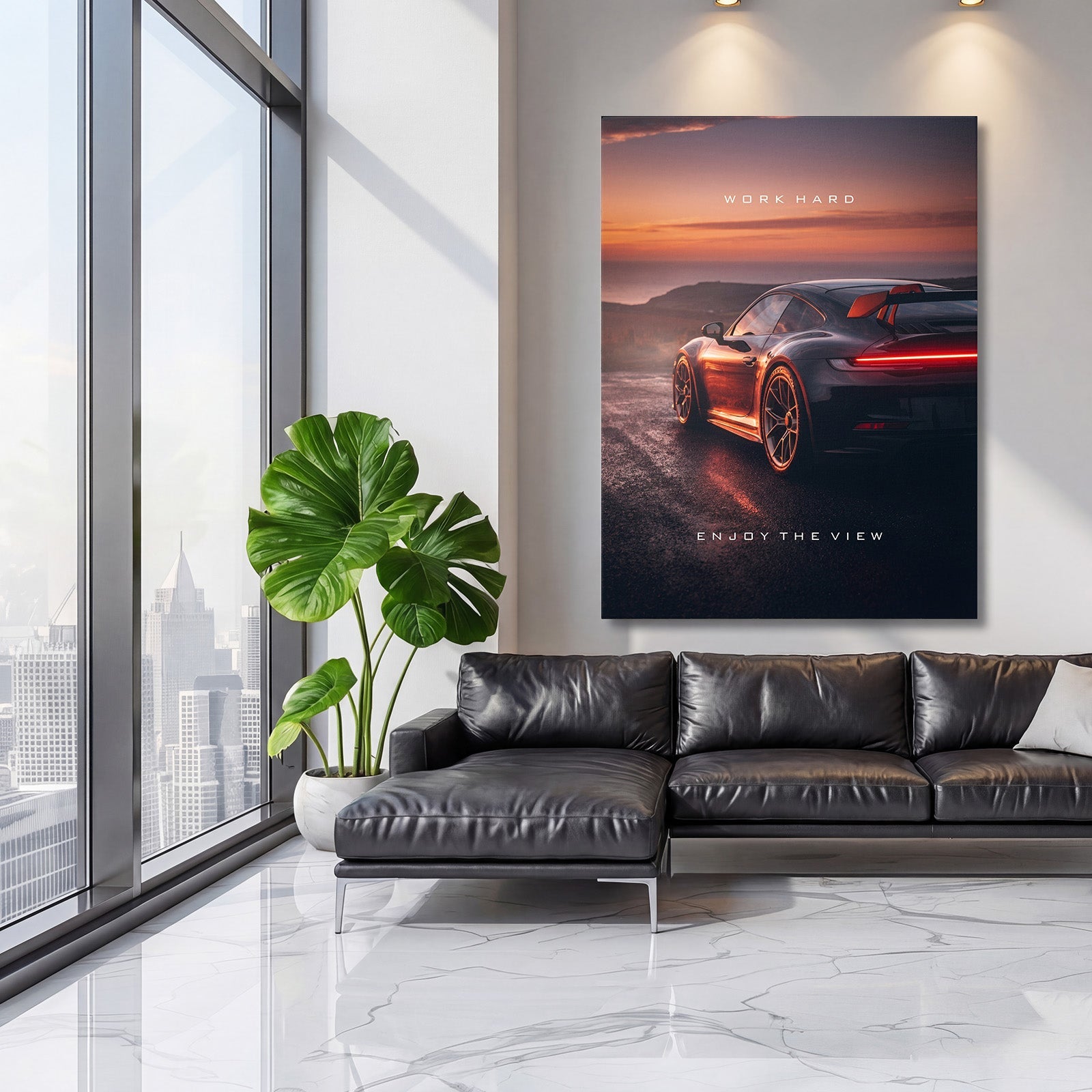 Motivational wall art with sports supercar at sunset in a modern living room