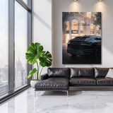 Motivational canvas print with a black Lamborghini in front of a luxury boutique in a modern living room