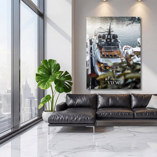 Luxury canvas print with a yacht in a marina in a modern living room, elegant nautical lifestyle
