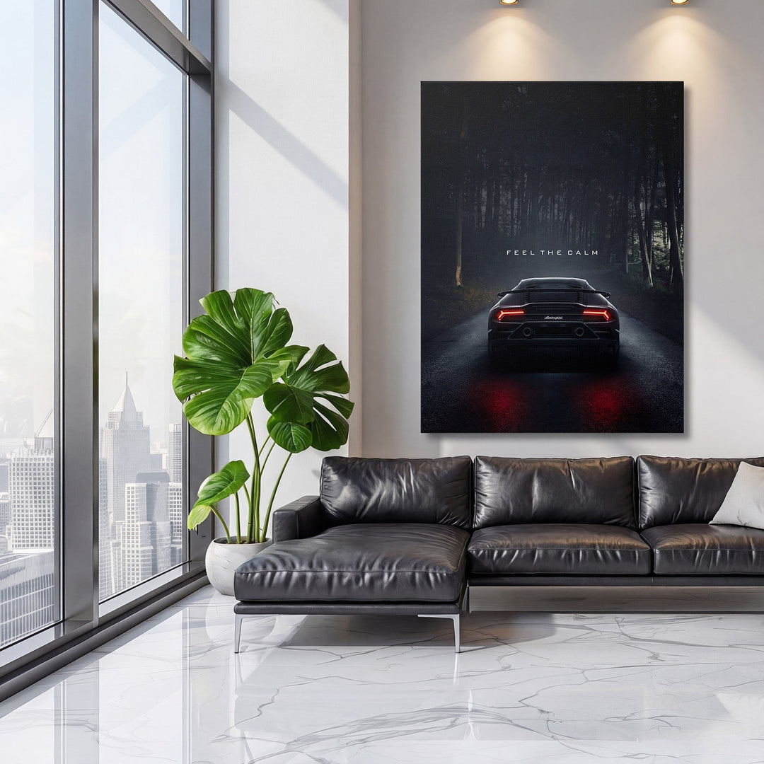 Motivational Lamborghini wall art on a dark forest road with the text “Feel the Calm”, luxury wall art for the living room