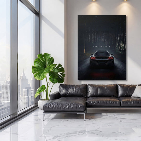Luxury canvas wall art with black sports car on forest road in a modern living room