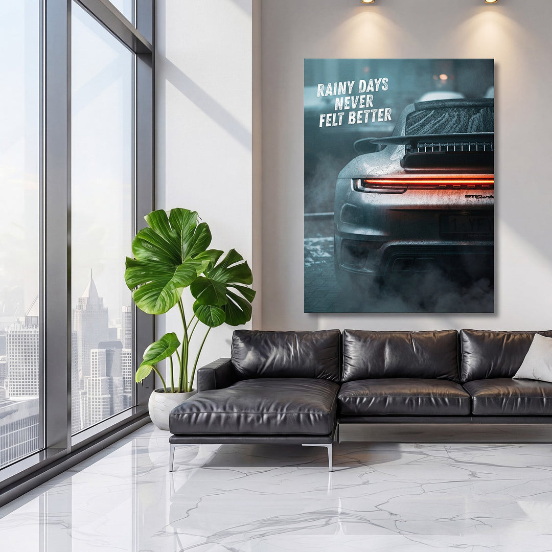 Motivational canvas wall art with wet rear section luxury sports car in an elegant modern living room