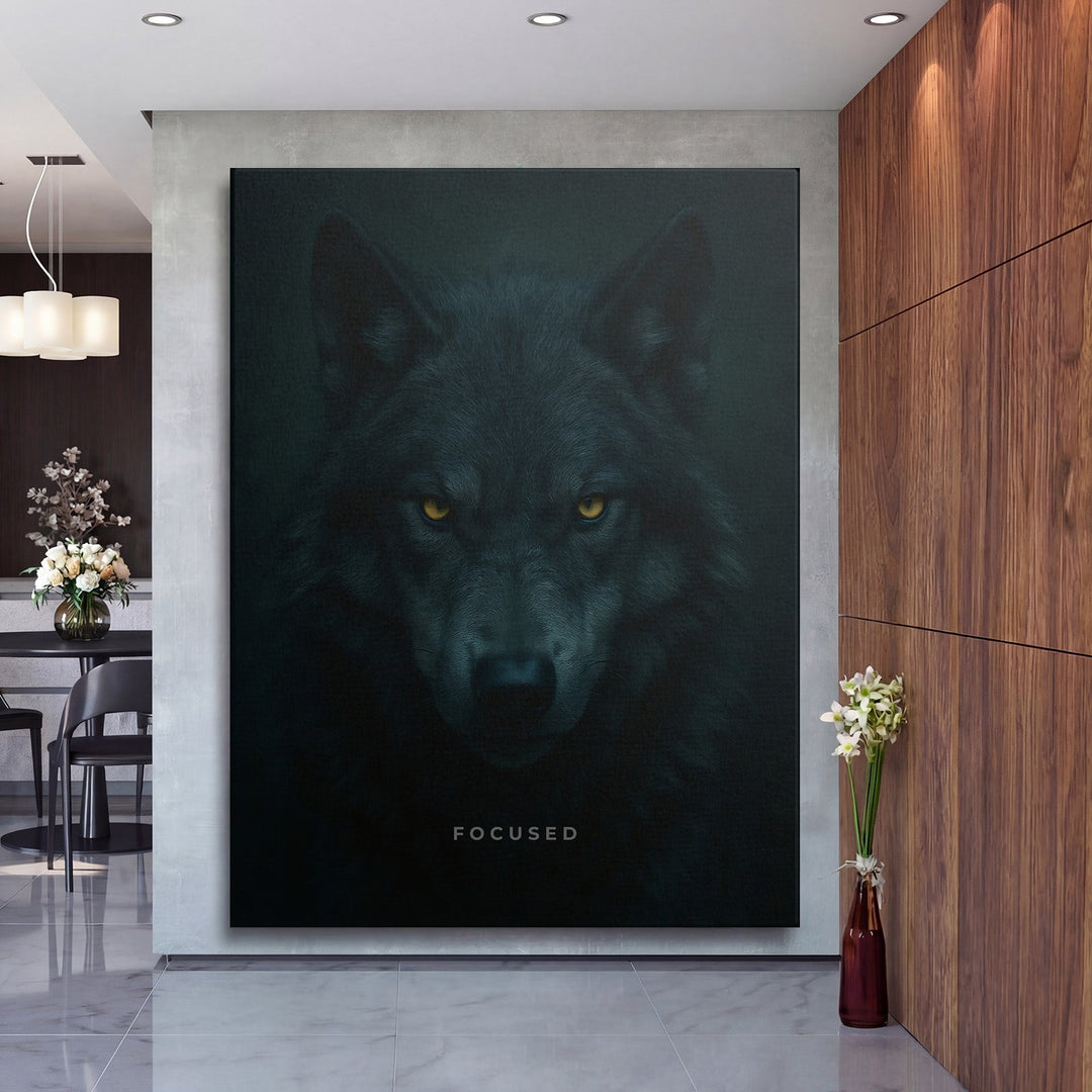 Motivational canvas wall art with a dark wolf and yellow eyes hanging in an elegant modern interior.