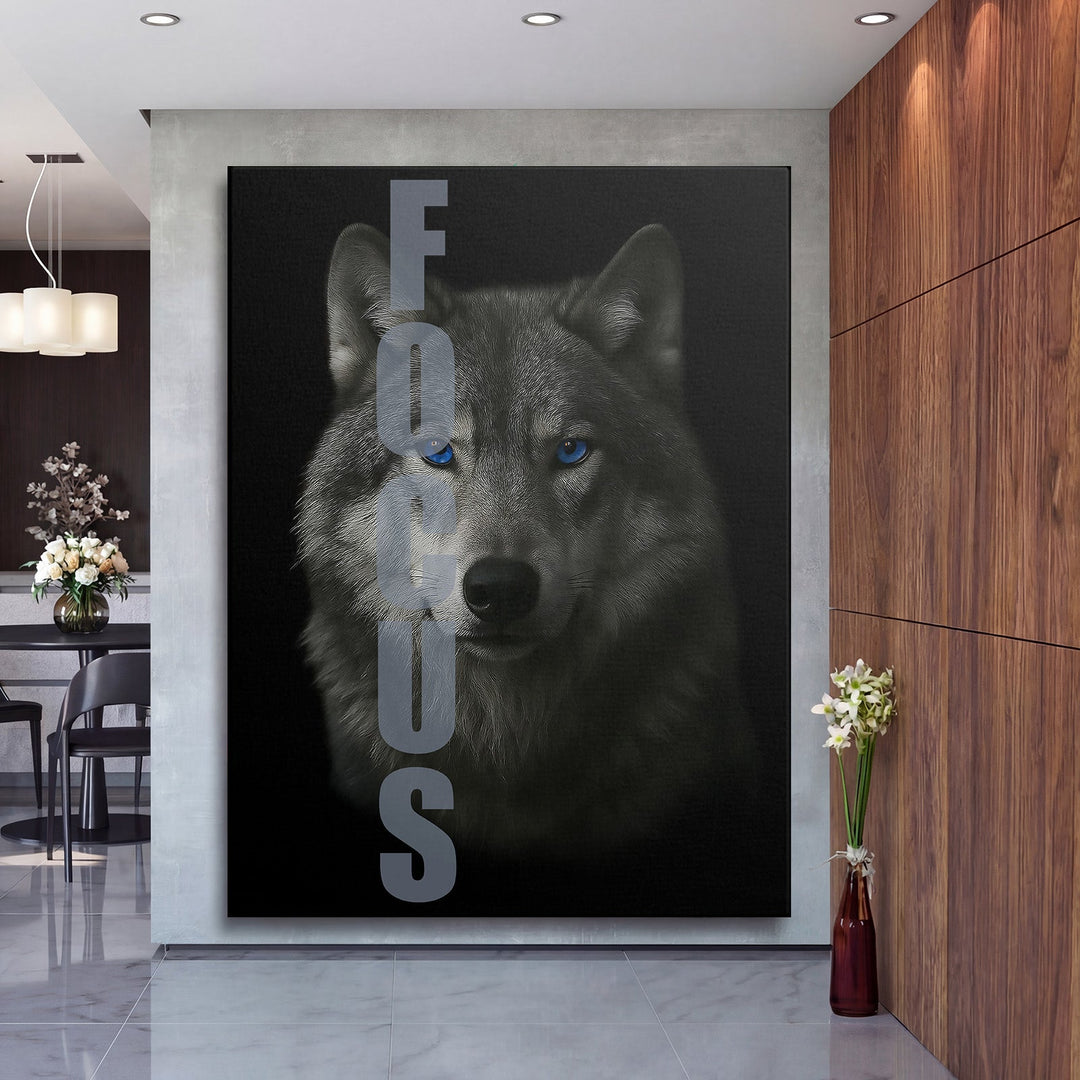 Motivational wall art with a wolf and FOCUS text in a luxury modern interior, black and white lifestyle motif.