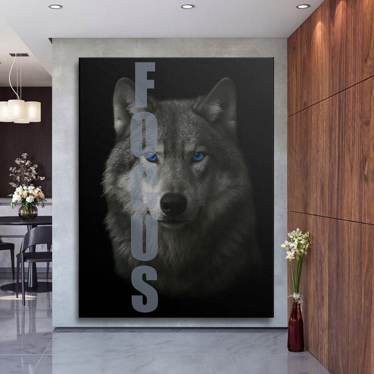 Motivational wall art with a wolf and FOCUS text in a luxury modern interior, black and white lifestyle motif.