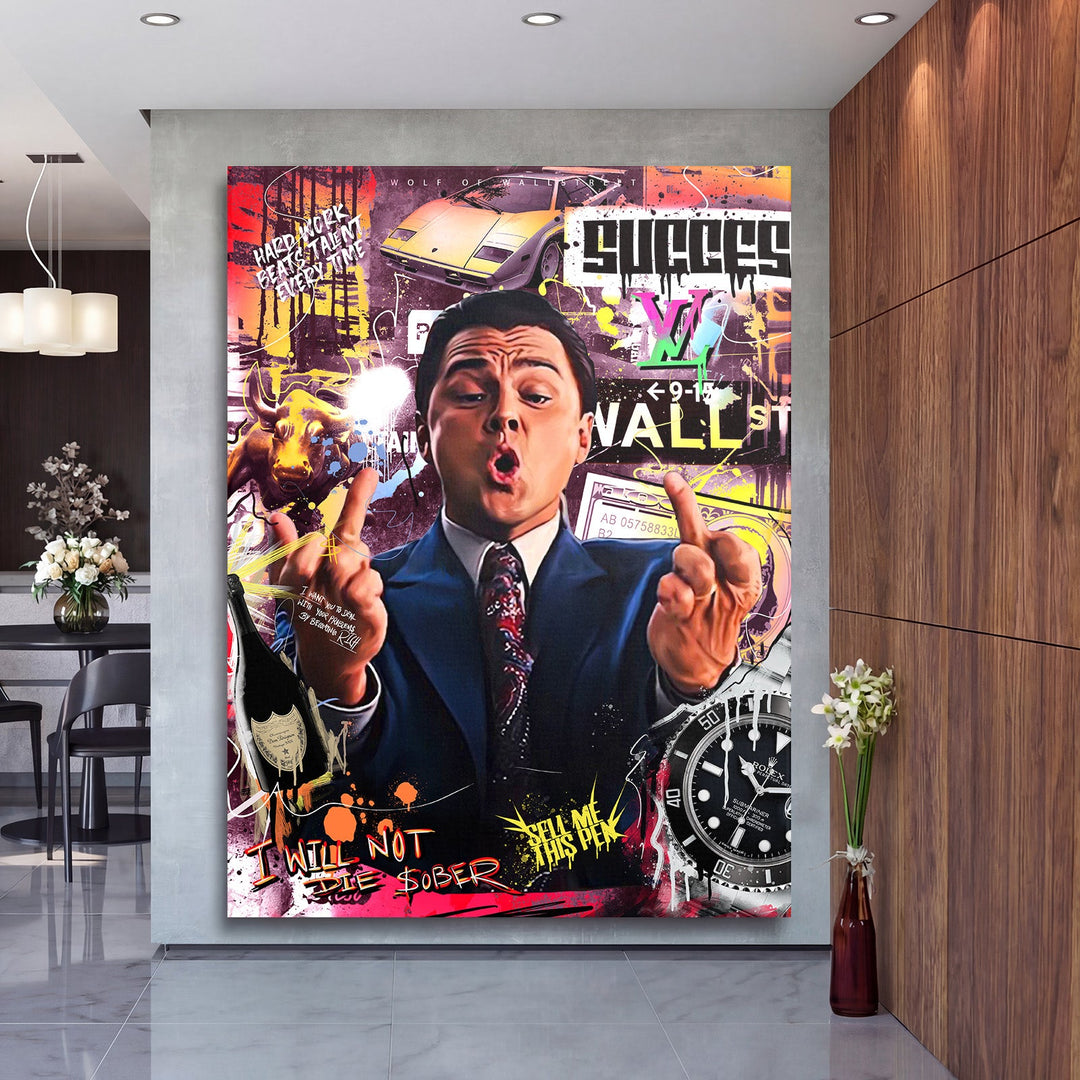 Motivational pop art wall art for a study with a Wolf of Wall Street collage, Lamborghini, bull and Rolex watch