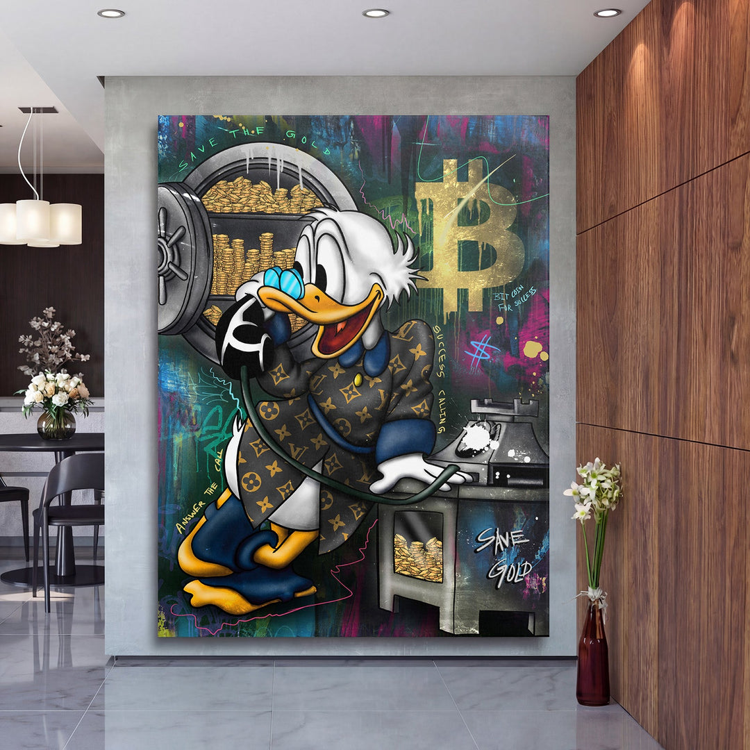 Luxury pop art canvas print with a duck, Bitcoin and gold coins in a modern living room