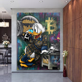 Luxury pop art canvas print with a duck, Bitcoin and gold coins in a modern living room