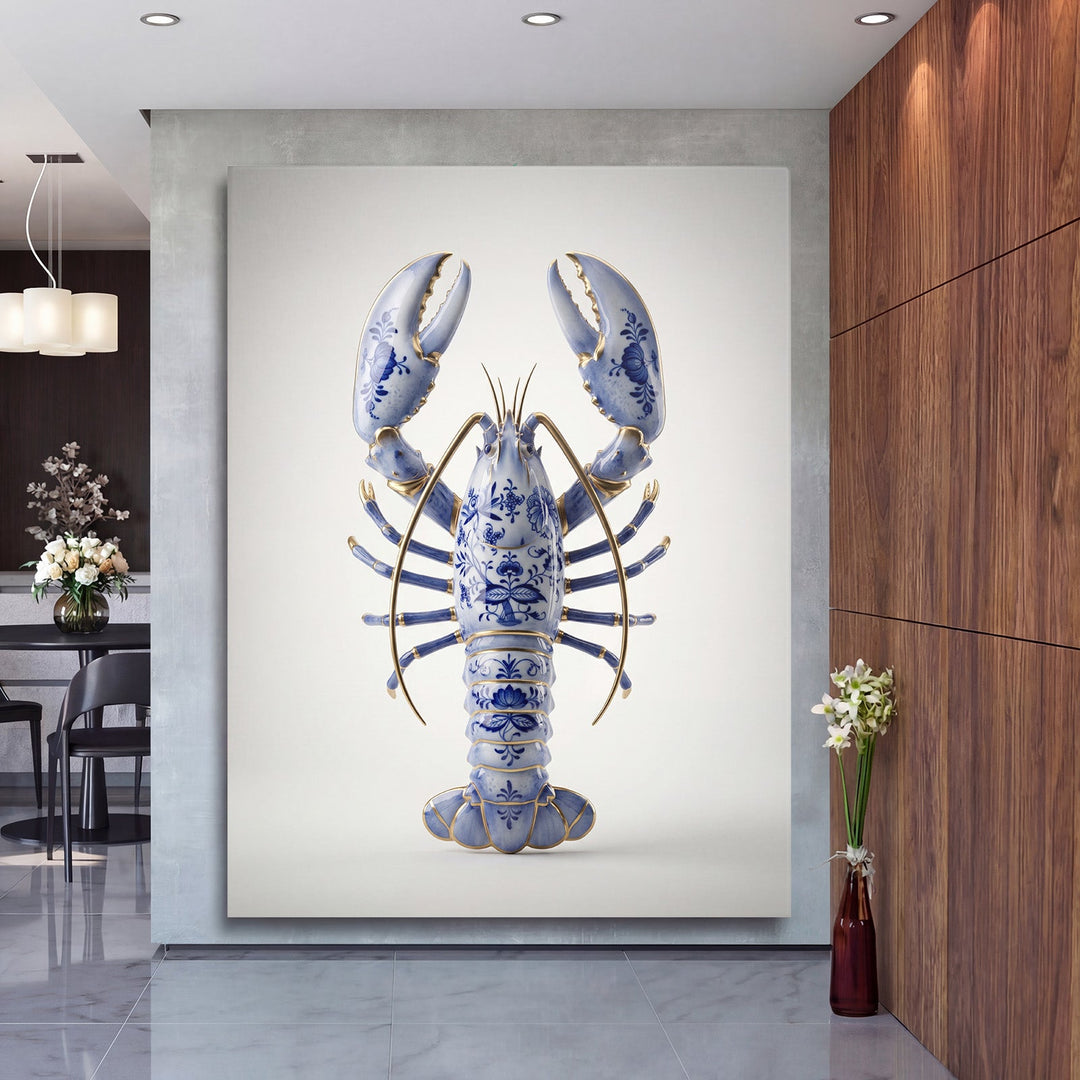 Luxury canvas print for a living room with a blue-and-white porcelain lobster and gold accents, modern art decor