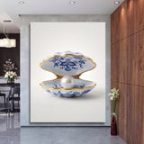 Luxury canvas print with a porcelain shell and pearl hanging in a modern interior