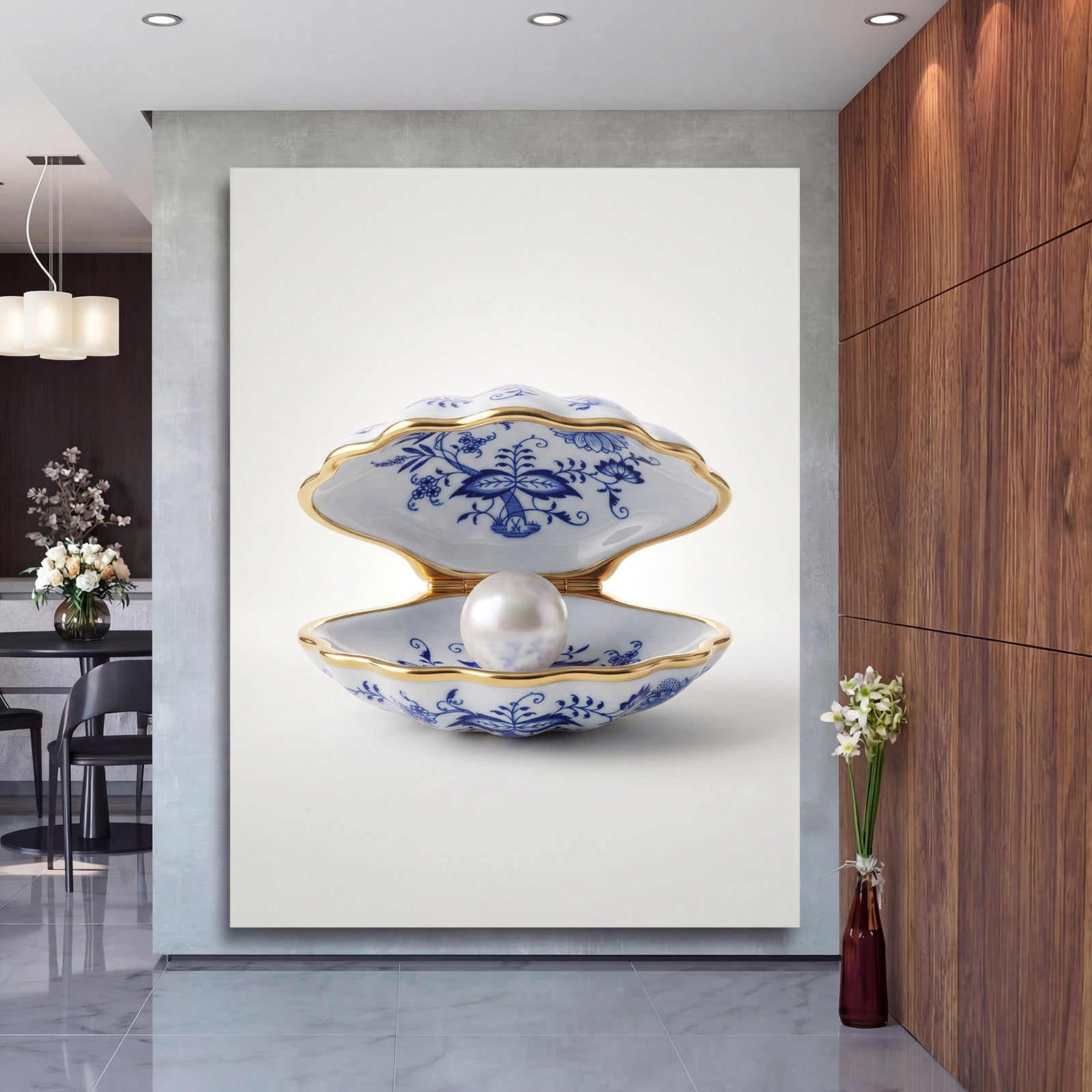 Luxury canvas print with a porcelain shell and pearl hanging in a modern interior
